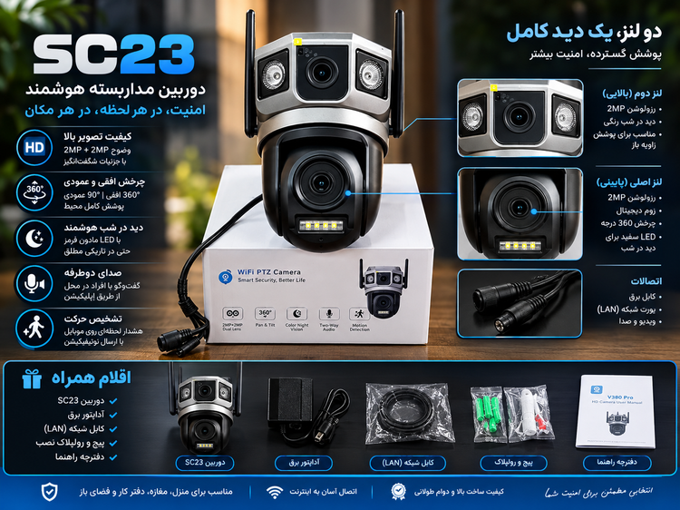 دوربین سیمکارتخور دو لنزه ۶ مگاپیکسل چرخشی V380 | دوربین مداربسته